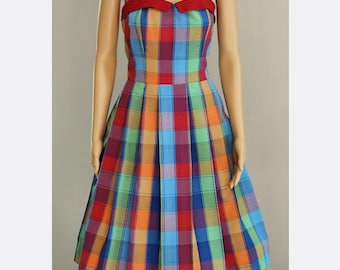 One of a Kind Rockabilly Vintage Inspired Multicolored Plaid Fit & Flare 1950s Halter Sundress - Sz Small