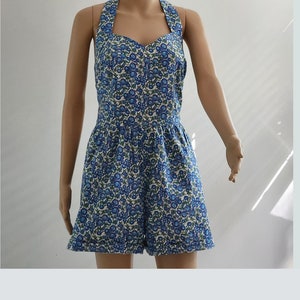 One of a Kind Vintage 1980s Blue Floral Short Jumpsuit - Sz Small to Medium
