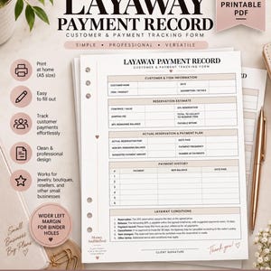 May include: A white A5 printable PDF layaway payment record form featuring sections for customer information, reservation estimates, payment plans, and payment history. The document includes a left margin for binder holes and black text.