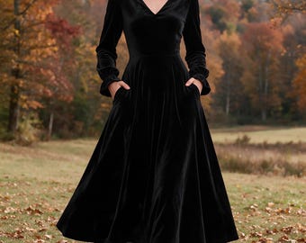 Vestido de terciopelo negro con bolsillos, vestido midi de terciopelo con escote en V y manga larga, vestido de noche con puños con volantes, vestido de invitada de boda de invierno hecho a medida