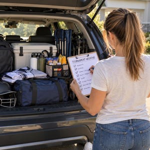 Könnte beinhalten: Ein Klemmbrett mit einer Checkliste mit der Überschrift Tournament Weekend vor einem offenen Kofferraum voller Sportausrüstung, darunter eine schwarze Tasche, eine weiße Kühlbox, ein Baseballhandschuh, ein Helm und eine marineblaue Sporttasche.