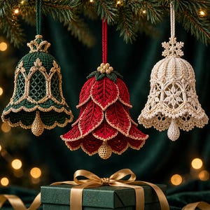May include: Three hanging crochet bell ornaments in dark green, deep red, and cream. The green bell features gold lattice detailing, the red bell has layered leaf-like petals, and the cream bell displays intricate snowflake patterns with gold accents.