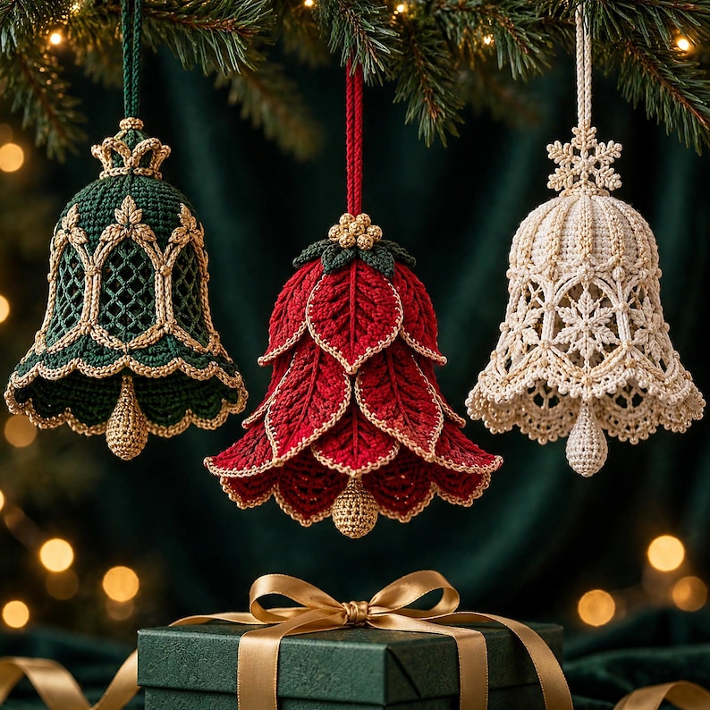May include: Three hanging crochet bell ornaments in dark green, deep red, and cream. The green bell features gold lattice detailing, the red bell has layered leaf-like petals, and the cream bell displays intricate snowflake patterns with gold accents.