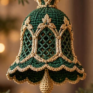 May include: A dark green crocheted bell ornament featuring intricate gold thread detailing. The bell has a lattice pattern on the body, decorative gold leaf-shaped accents, and a scalloped gold-trimmed edge with a gold clapper hanging inside.