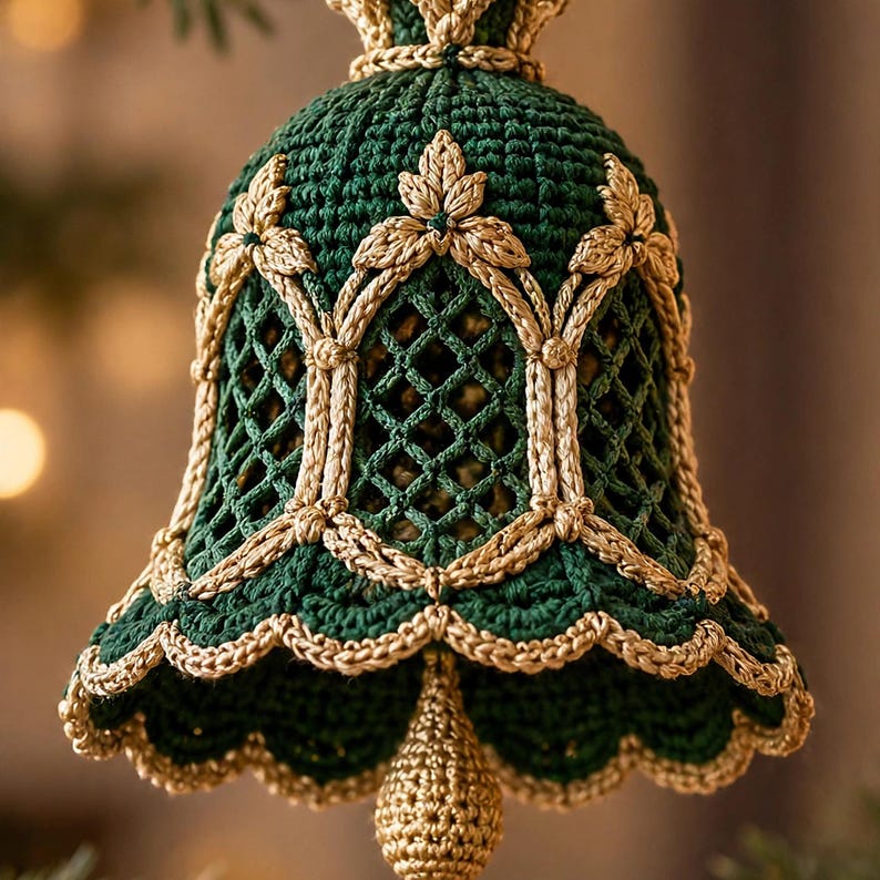 May include: A dark green crocheted bell ornament featuring intricate gold thread detailing. The bell has a lattice pattern on the body, decorative gold leaf-shaped accents, and a scalloped gold-trimmed edge with a gold clapper hanging inside.