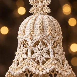 May include: A cream-colored crocheted bell ornament featuring intricate snowflake patterns and delicate stitching. The bell is topped with a matching crocheted snowflake motif and displays a textured, openwork design throughout its structure.