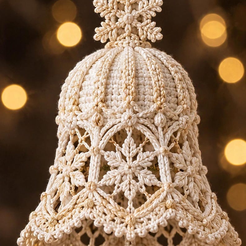 May include: A cream-colored crocheted bell ornament featuring intricate snowflake patterns and delicate stitching. The bell is topped with a matching crocheted snowflake motif and displays a textured, openwork design throughout its structure.