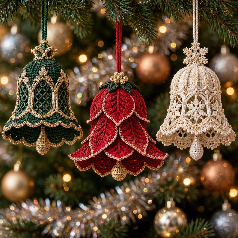 May include: Three crocheted bell ornaments hanging from a tree. The left bell is dark green with gold trim. The center bell is red with layered leaf-like petals and gold edges. The right bell is cream-colored with intricate snowflake-like patterns.