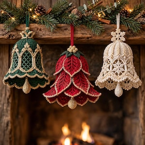 May include: Three hanging crochet bell ornaments in dark green, deep red, and cream. The green bell features gold trim and a lattice pattern. The red bell has layered leaf-like petals with gold edges. The cream bell displays a snowflake design.