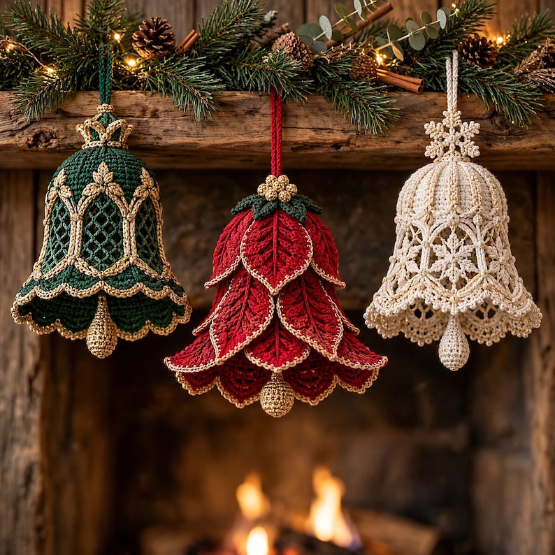 May include: Three hanging crochet bell ornaments in dark green, deep red, and cream. The green bell features gold trim and a lattice pattern. The red bell has layered leaf-like petals with gold edges. The cream bell displays a snowflake design.