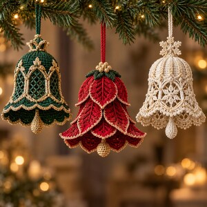May include: Three hanging crochet bell ornaments. The left bell is dark green with gold trim and a lattice pattern. The center bell is red with layered leaf-shaped petals and gold edges. The right bell is cream-colored with a snowflake design.