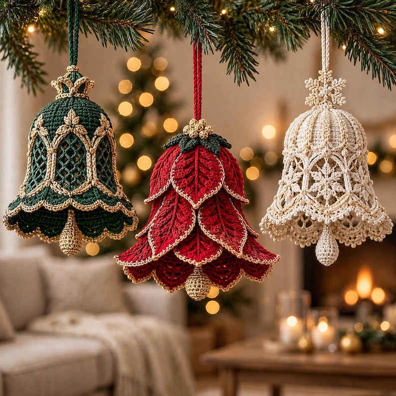 May include: Three hanging crochet bell ornaments. The left bell is dark green with gold trim. The center bell is red with layered leaf-like petals and gold edges. The right bell is cream-colored with intricate snowflake-like patterns and gold accents.