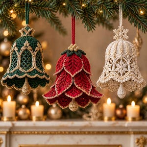 May include: Three hanging crochet ornaments shaped like bells. The left bell is dark green with gold trim. The center bell is red with layered leaf-like petals and gold accents. The right bell is cream-colored with intricate snowflake patterns.