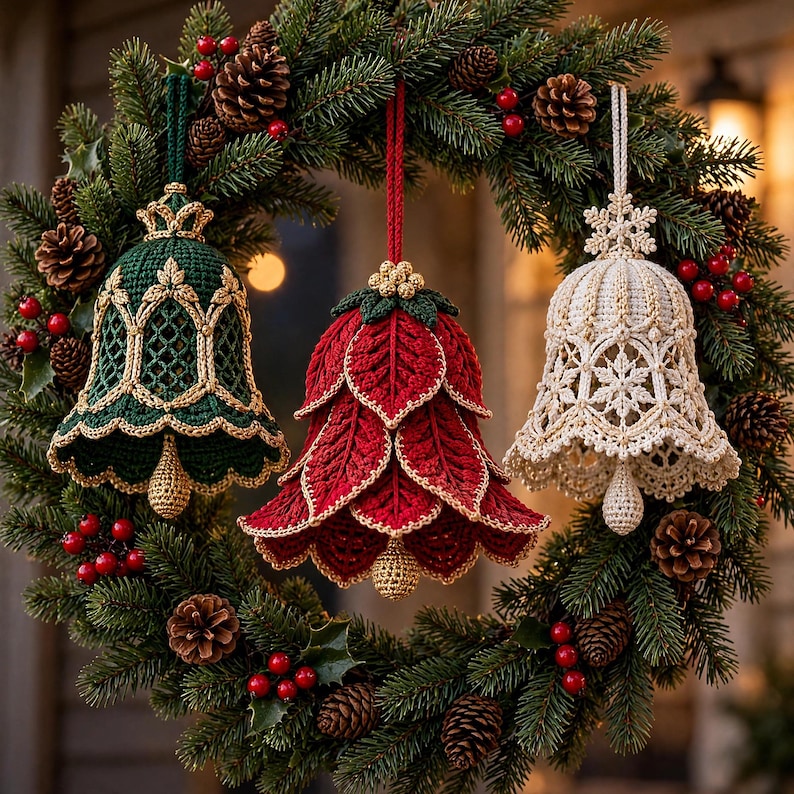May include: Three crocheted bell ornaments hanging from a green pine wreath. The left bell is dark green with gold trim, the center bell is red with layered leaf-like petals and gold edges, and the right bell is cream with intricate snowflake patterns.