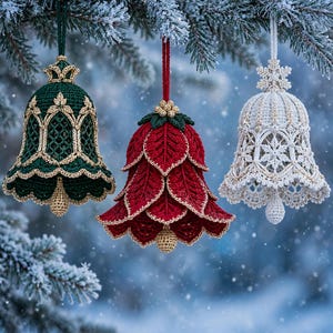 May include: Three crocheted bell ornaments hanging from a pine branch. The left bell is dark green with gold trim, the center bell is red with layered leaf-like petals and gold edges, and the right bell is white with intricate snowflake patterns.