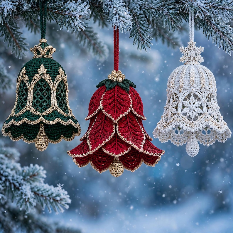 May include: Three crocheted bell ornaments hanging from a pine branch. The left bell is dark green with gold trim, the center bell is red with layered leaf-like petals and gold edges, and the right bell is white with intricate snowflake patterns.