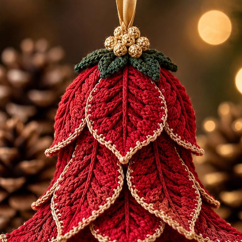 May include: A crocheted Christmas ornament shaped like a bell, featuring layered red leaves with gold-trimmed edges. The top is decorated with dark green crocheted leaves and a cluster of small gold beads, suspended by a gold ribbon loop.
