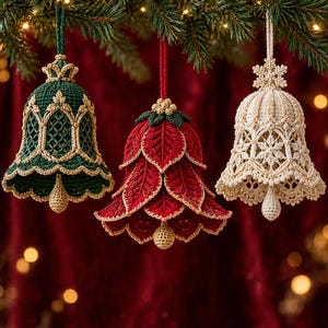 May include: Three crocheted bell ornaments hanging from a pine branch. The left bell is dark green with gold trim, the center bell is red with layered leaf-like petals and gold edges, and the right bell is cream-colored with a snowflake pattern.