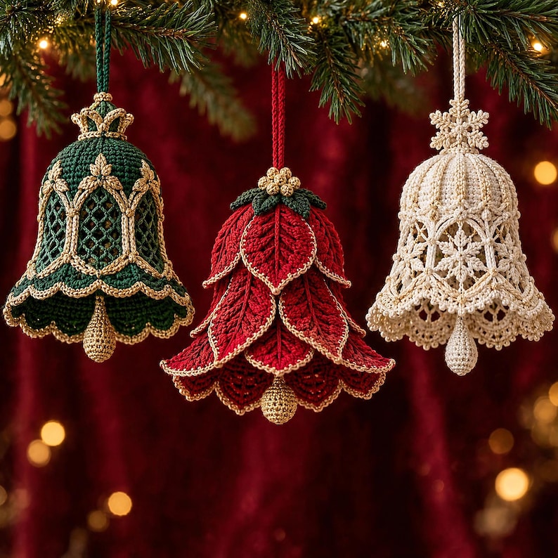 May include: Three crocheted bell ornaments hanging from a pine branch. The left bell is dark green with gold trim, the center bell is red with layered leaf-like petals and gold edges, and the right bell is cream-colored with a snowflake pattern.