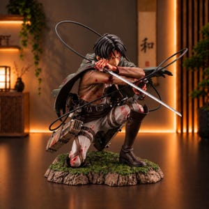 May include: A detailed anime-style figurine of a character in a kneeling combat pose, wearing a green cape, brown jacket, and white pants with harness gear. The figure holds two silver swords, features blood-like paint splatters, and stands on a base.