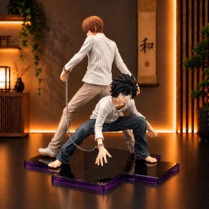 May include: A collectible figure set featuring two characters connected by a metal chain. One character stands with brown hair in a white shirt and tan pants, while the other crouches in a white long-sleeve shirt and dark blue pants on a black base.
