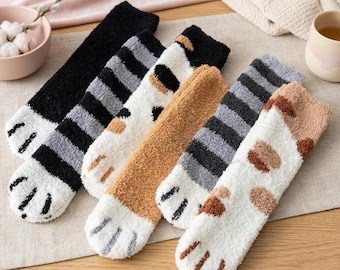 6-Pair Women's Plush Winter Socks, Cute Cat Paw Cartoon Warm Sock Set