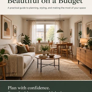 May include: A book cover titled The Apartment Design Playbook: Small Apartments, Beautiful on a Budget. It features a living room with a beige sofa, a round wooden coffee table, a dining area, and a wooden sideboard, all set on a woven rug.