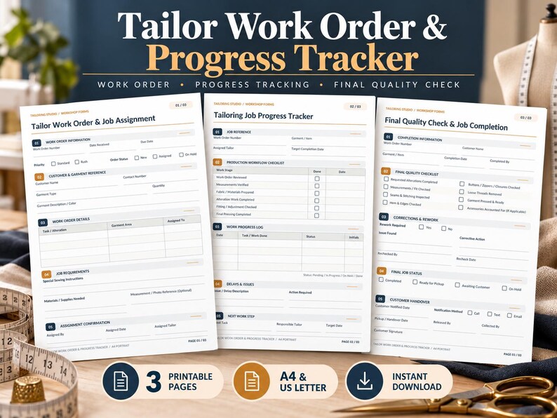 Assignment Completion Sheet.pdf Tailor Work Order & Progress Tracker Printable PDF, Sewing Job ...