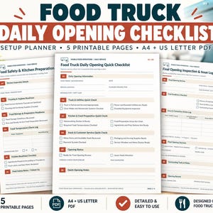 Liste de vérification imprimable pour l'ouverture d'un food truck | Planificateur de préparation quotidienne, liste de vérification de sécurité alimentaire, registre d'inspection et de problèmes du matériel | PDF de 5 pages