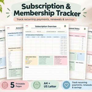 Pode incluir: Um conjunto de cinco páginas imprimíveis para rastreamento de assinaturas e associações nos tamanhos A4 e US Letter. Os documentos apresentam tabelas para acompanhar pagamentos recorrentes, datas de renovação e economias.