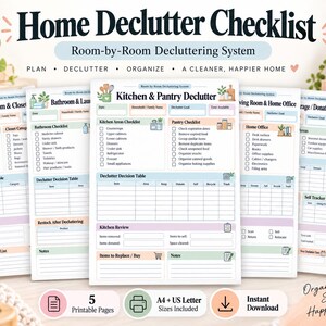Checkliste zum Ausmisten (zum Ausdrucken), Raum-für-Raum-Entrümpelungsplaner, Behalten, Spenden, Verkaufen, Recyceln, Müllen, A4/US Letter (PDF)