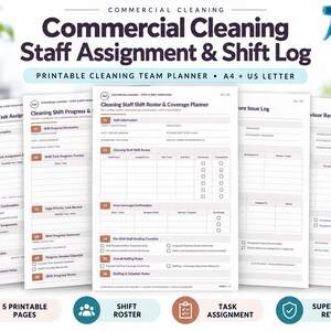 May include: A set of five printable commercial cleaning staff assignment and shift log pages. The documents feature structured tables for shift rosters, task assignments, issue logs, and supervisor reviews, formatted for A4 and US Letter sizes.