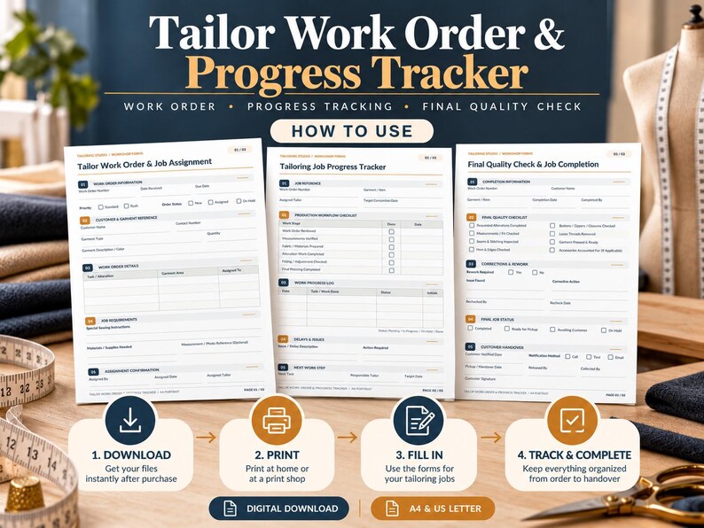 Tailor Work Order & Progress Tracker Printable PDF, Sewing Job ...