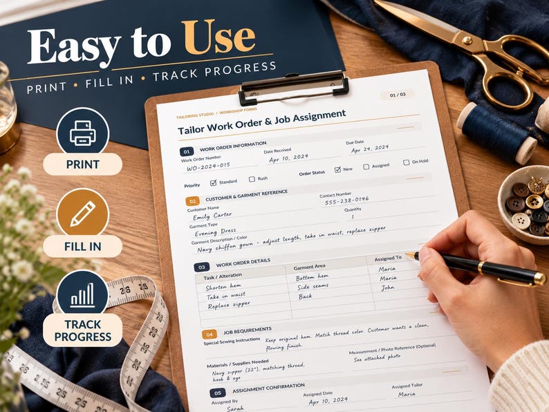 Tailor Work Order & Progress Tracker Printable PDF, Sewing Job ...