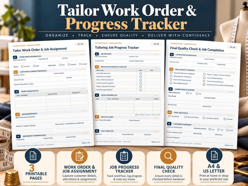Tailor Work Order & Progress Tracker Printable PDF, Sewing Job ...