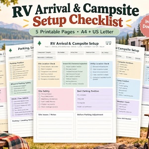 RV Arrival and Campsite Setup Checklist Printable, rv Camping Setup Planner, Leveling Utilities Safety Checklist, A4 US Letter PDF