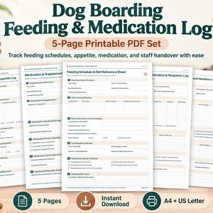 May include: A 5-page printable PDF set titled Dog Boarding Feeding & Medication Log. The pages feature structured tables and checklists for tracking daily feeding schedules, appetite, medication, and staff handover notes in A4 and US Letter sizes.