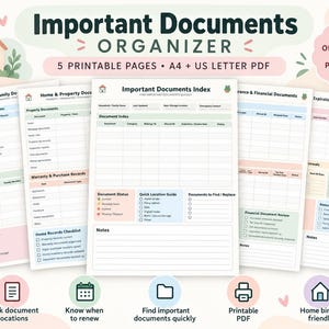 May include: A set of five printable Important Documents Organizer pages in A4 and US Letter PDF formats. The sheets feature tables for tracking personal, financial, and property records, document status, and expiration dates with a pastel color scheme.