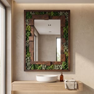Espejo de musgo preservado y madera, espejo de pared rústico de madera, decoración de baño de diseño biofílico, arte de pared Japandi, espejo rectangular grande