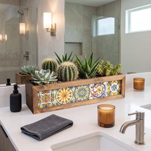 Rustic Farmhouse Wood Planter with 5 Ceramic Tiles, Long Cactus Centerpiece Box