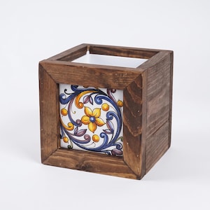 Small Wood Planter with Talavera Tile, Handmade Mini Succulent Pot for Desk & Shelf Decor