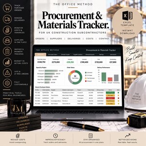 Może przedstawiać: Szablon Excel do śledzenia zamówień i materiałów dla podwykonawców budowlanych w Wielkiej Brytanii. Ekran wyświetla pulpit nawigacyjny z wykresami wydatków projektowych, statusu zamówień i wydajności dostaw.