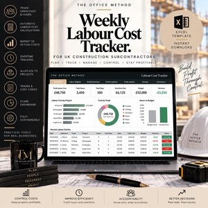 May include: A digital Weekly Labour Cost Tracker Excel template for UK construction subcontractors displayed on a laptop screen. The interface shows project costs, hours, and budget variances. Includes a black mug, stacked notebooks, and a white hard hat.