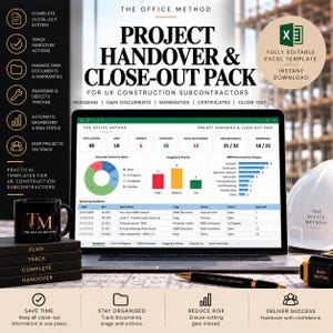 Puede incluir: Un paquete digital de entrega y cierre de proyectos para subcontratistas de construcción, con un portátil que muestra un panel de Excel con gráficos, tablas y rastreadores, junto a una taza, un bolígrafo y un casco de obra blanco.