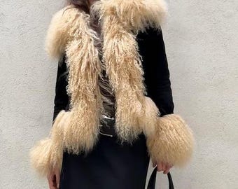 Zwarte suède Penny Lane damesjas, vintage jaren 70 Afghaans, Mongools bont, shearling boho winterjas, handgemaakt leren cadeau voor haar Y2K
