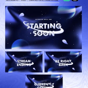 May include: A set of four animated stream screens featuring a dark blue space theme with planets and stars. The text reads STARTING SOON, STREAM ENDING, BE RIGHT BACK, and CURRENTLY OFFLINE. These digital assets are provided in PNG and WEBM file formats.