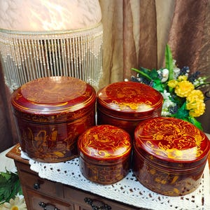 Set of 4 Vintage Chinese Nesting Lacquer Boxes, Red and Gold Gilt Phoenix Peony Round Stacking Containers, Chinoiserie Vanity Decor Gift