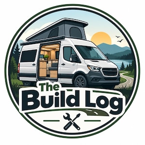 May include: A circular logo featuring a white camper van with a pop-top roof and an open side door revealing a wooden interior. The text The Build Log appears in dark green letters above a crossed wrench and screwdriver icon against a landscape.