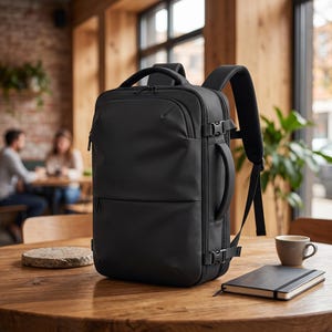May include: A matte black rectangular backpack featuring a top handle, a side carry handle, adjustable shoulder straps, and two side compression straps with plastic buckles. The bag has a smooth, minimalist exterior with visible zipper closures.