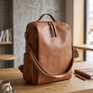 Peut inclure: Un sac à dos en cuir marron clair de forme rectangulaire, doté d'une poignée supérieure, de doubles fermetures éclair avec de longues tirettes en cuir et d'une bandoulière amovible à rayures beiges et brunes, posé sur une surface en bois.